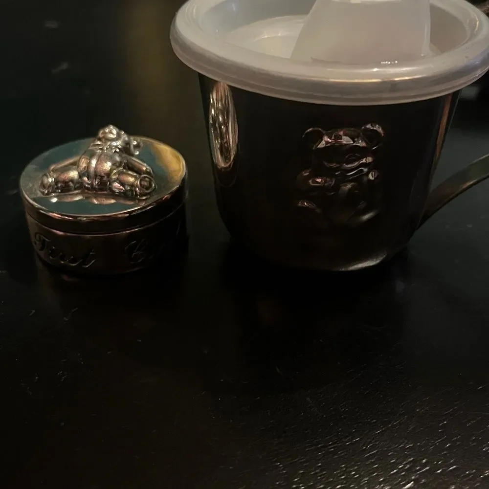Towle silver plated baby cup and trinket box with bear design